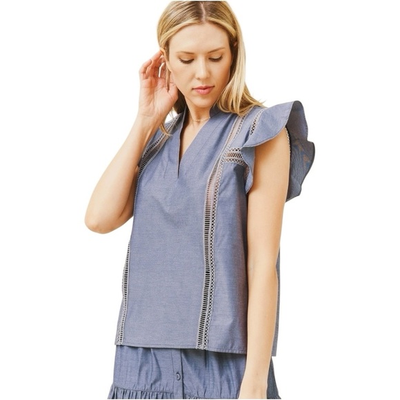 Brochu Walker The Havana V Neck Ruffle Short Sleeve Top Washed Slate Size Small - Picture 1 of 7